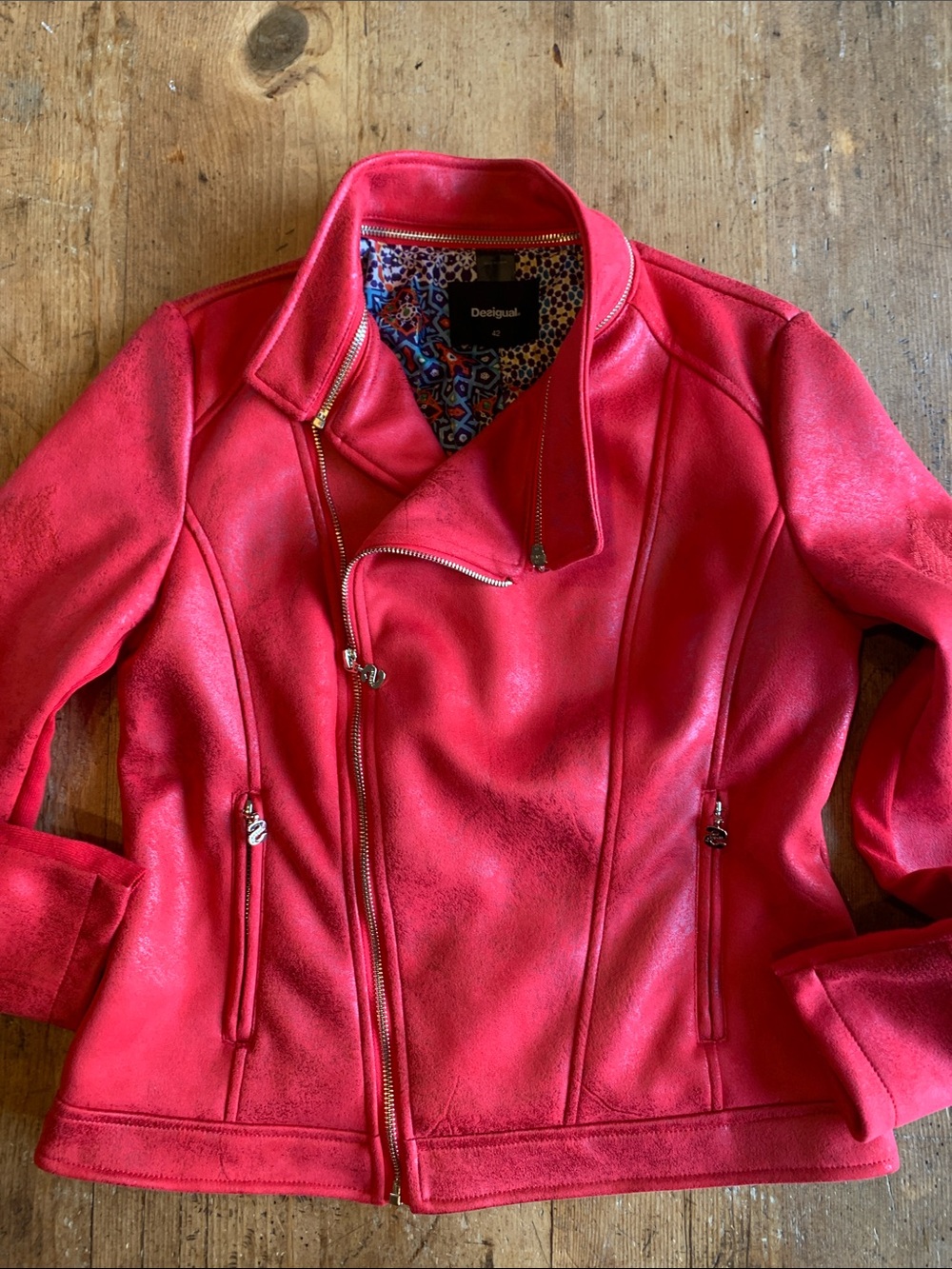 Desigual Women's Red Moto Asymmetrical Zip Leather Jacket - Picture 6 of 16